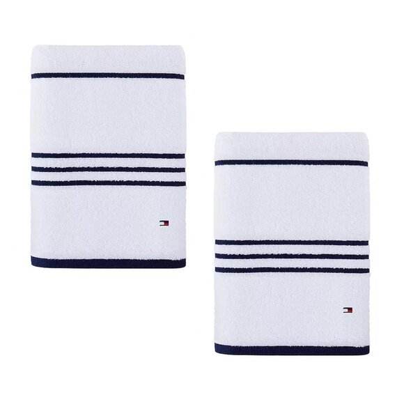 2 new Tommy Hilfiger American 90% Cotton BATH Towels = WHITE with BLACK STRIPES - Picture 1 of 7